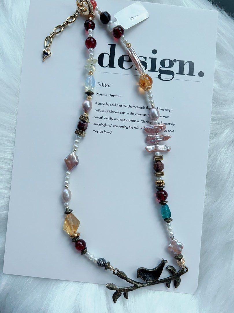 #PN331 Bird Singing | Freshwater Pearl Necklace | Citrine Freeform | Garnet| Bird on Branch Charm| Lute, Stick Pearl | Opal| Yanyuan Agate| Natural Flaws