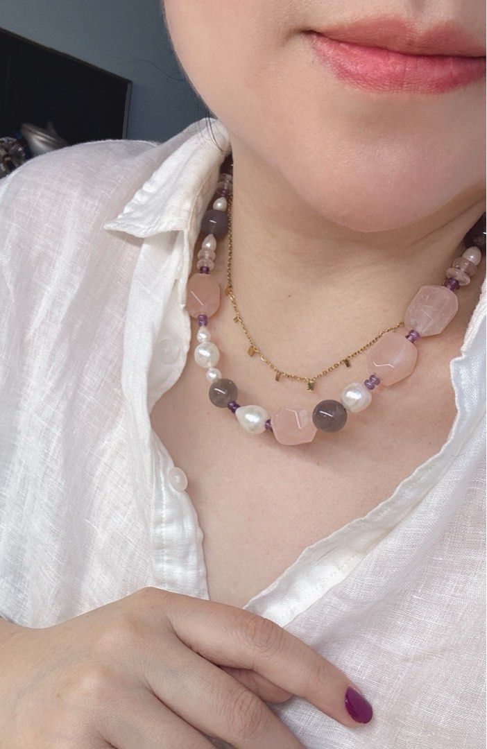 #PN414 Tender Summer|Freshwater Pearl Necklace |Gray Agate|Edison Pearl|Big Rose Quartz