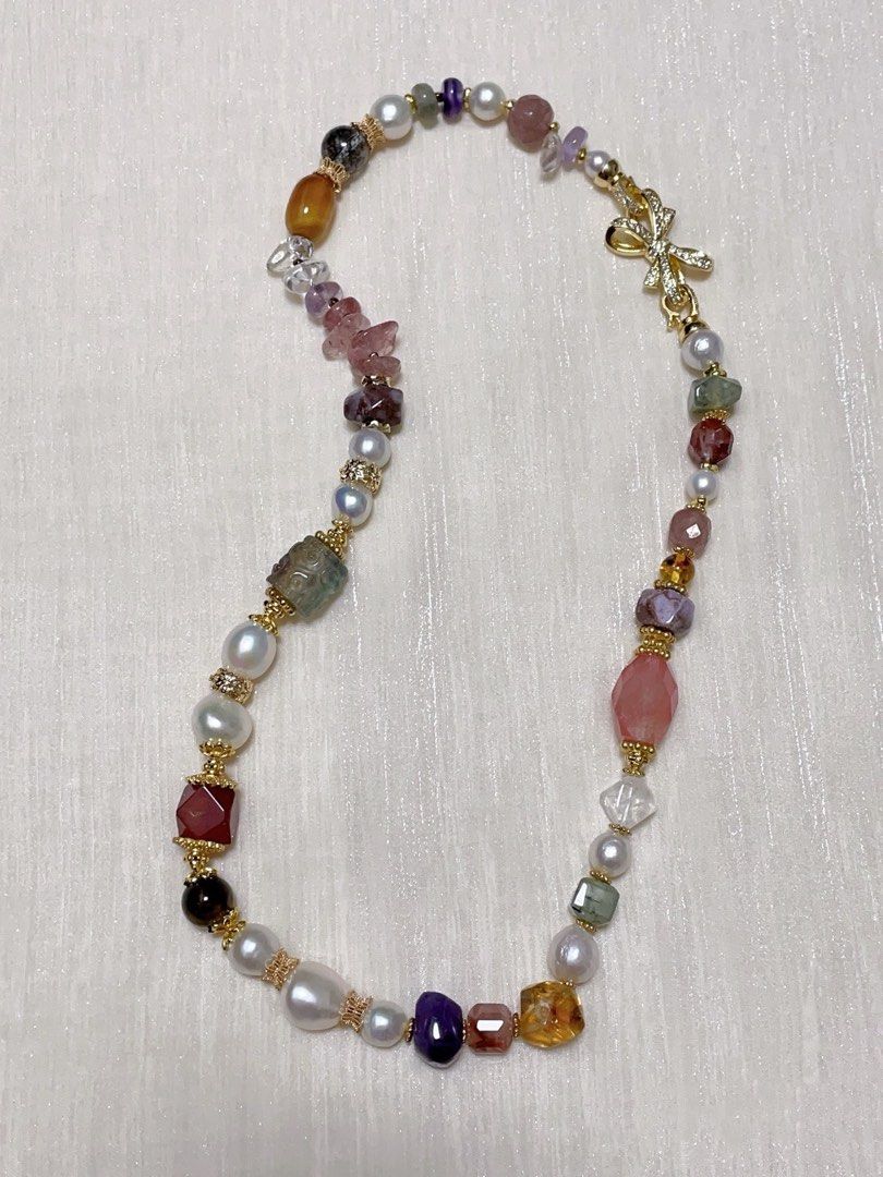 #PN22 Graceful Gems| Freshwater Pearl Necklace | Carved Fluorite Barrel | Faceted Garnet| Amethyst Freeform | Fire Quartz Faceted | Strawberry Quartz Chip| Agate| Baroque Pearl