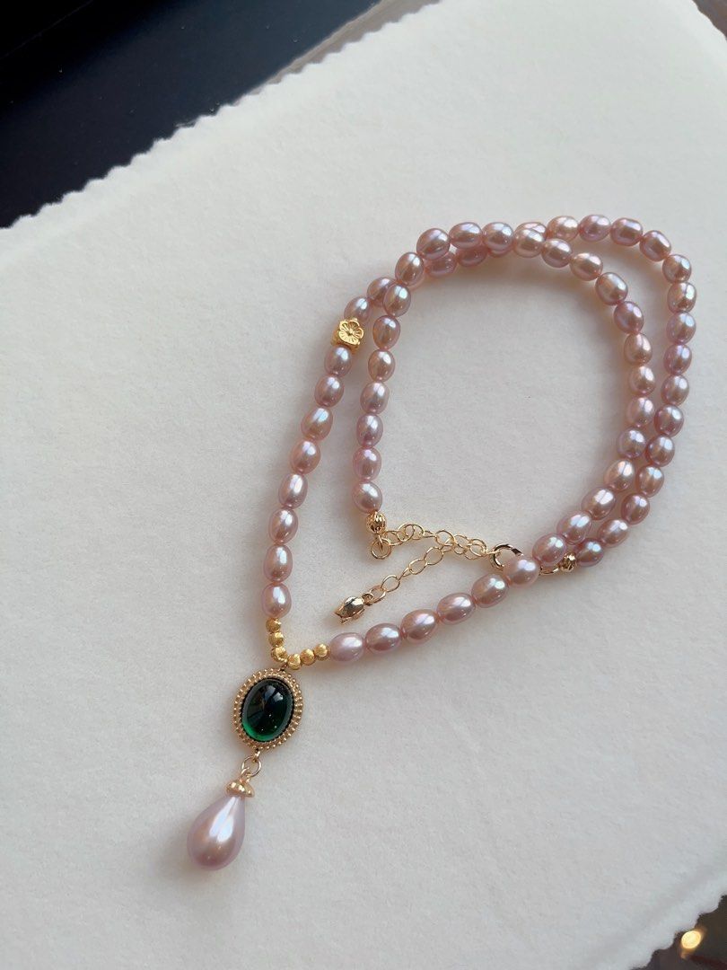 #PN126 Freshwater Pearl Necklace |Purple Pearls|Metallic Lustre| Green Nano Pendant |Peach Blossom Charm
