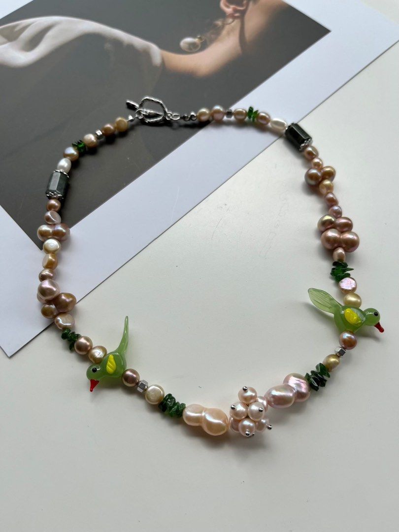 #PN165 [Floral Series] Birds in Jungle|Freshwater Pearl Necklace |Jade|Natural Stone|Gourd Pearl|Baroque Pearl|Golden Lustre