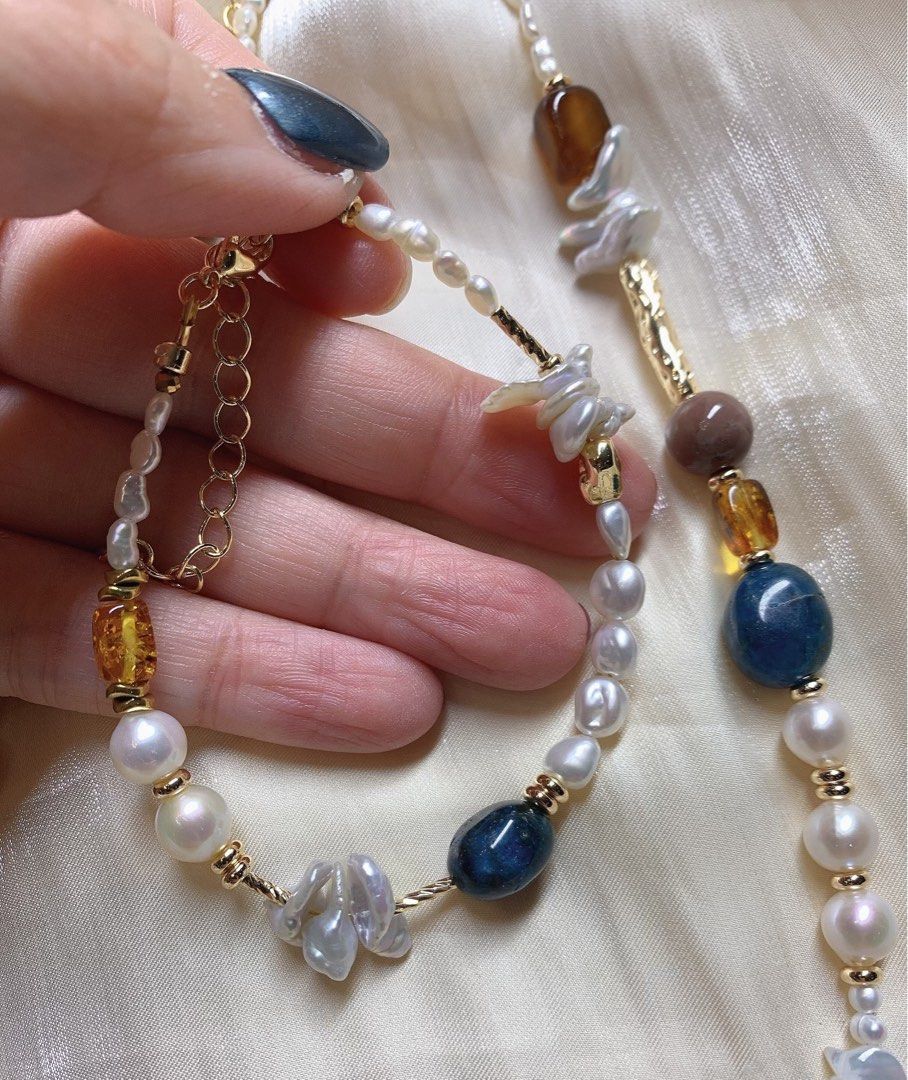 #PN204 Autumn Garden |Freshwater Pearl Necklace & Bracelet Set|Baby Baroque Pearl |Big Petal Baroque Pearl |Tea Quartz |Natural Stones |Cat Head Shell