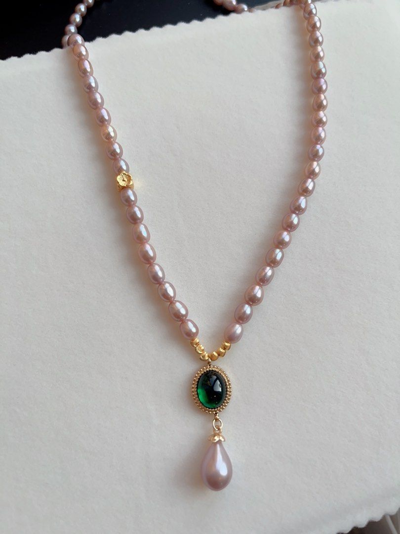 #PN126 Freshwater Pearl Necklace |Purple Pearls|Metallic Lustre| Green Nano Pendant |Peach Blossom Charm