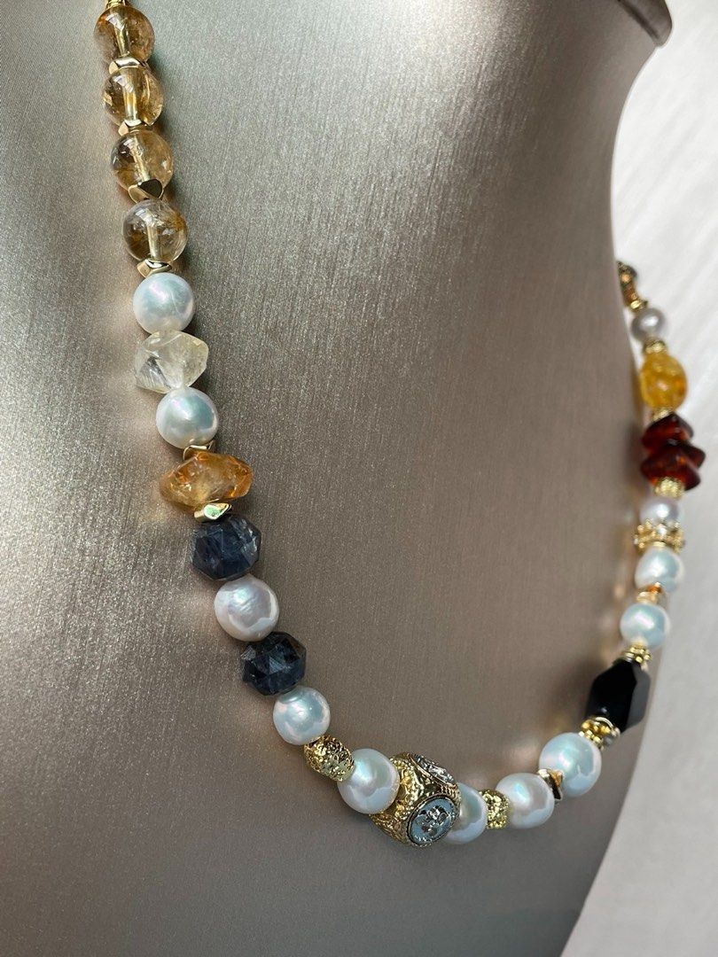 #PN357 Earthly Essence |Freshwater Pearl Necklace |Beeswax|Citrine Free Form|Amber |Iolite Faceted|Agate|Baroque Pearl