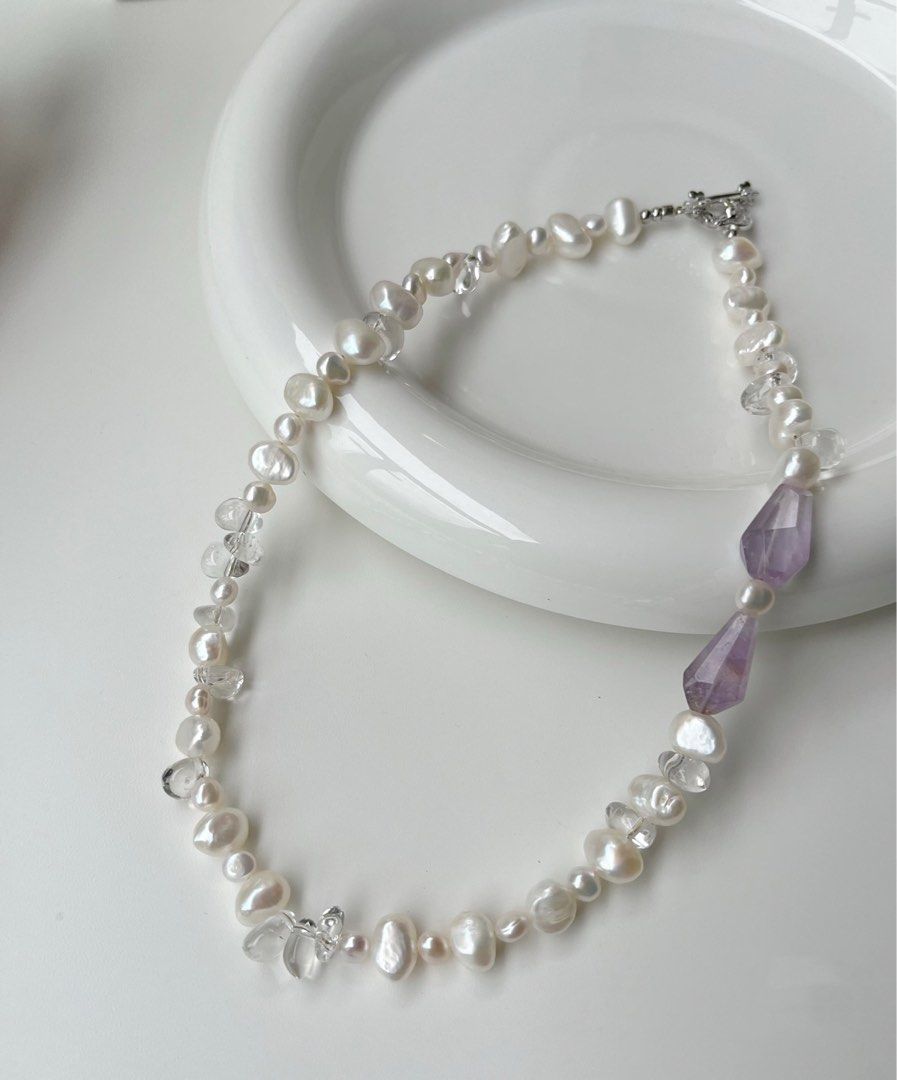#PN401 Clear Purple |Freshwater Pearl Necklace |Baroque Pearl | Amethyst Pointer |Clear Quartz