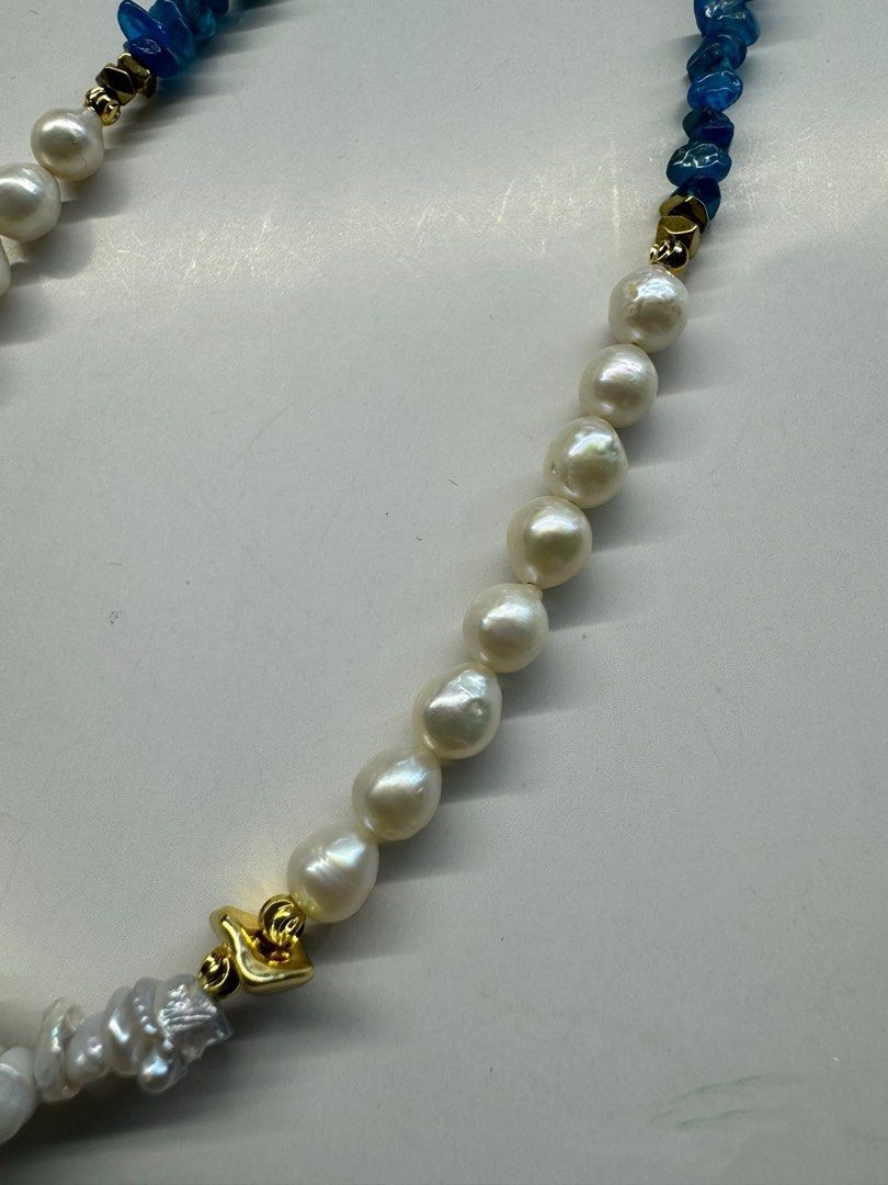 #PN439 [Floral Series] Blue Sky | Freshwater Pearl Necklace |Blue Apatite|Dangling Design|Petal Pearl |Irregular