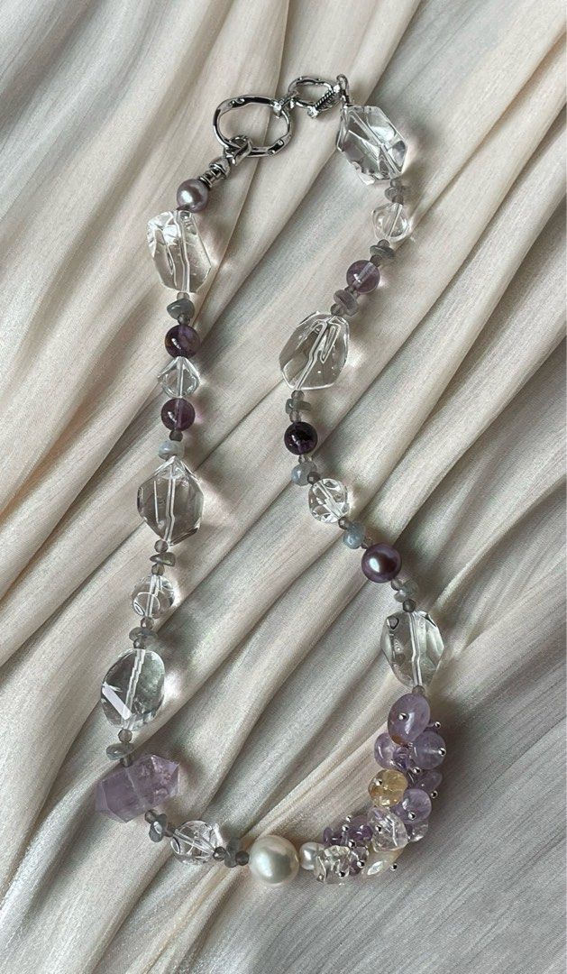 #PN351 [Floral Series] Jewels of the Earth|Freshwater Pearl Necklace |High Quality Big Clear Quartz Freeform |Edison Pearl |Ametrine Petals|Purple Phantom
