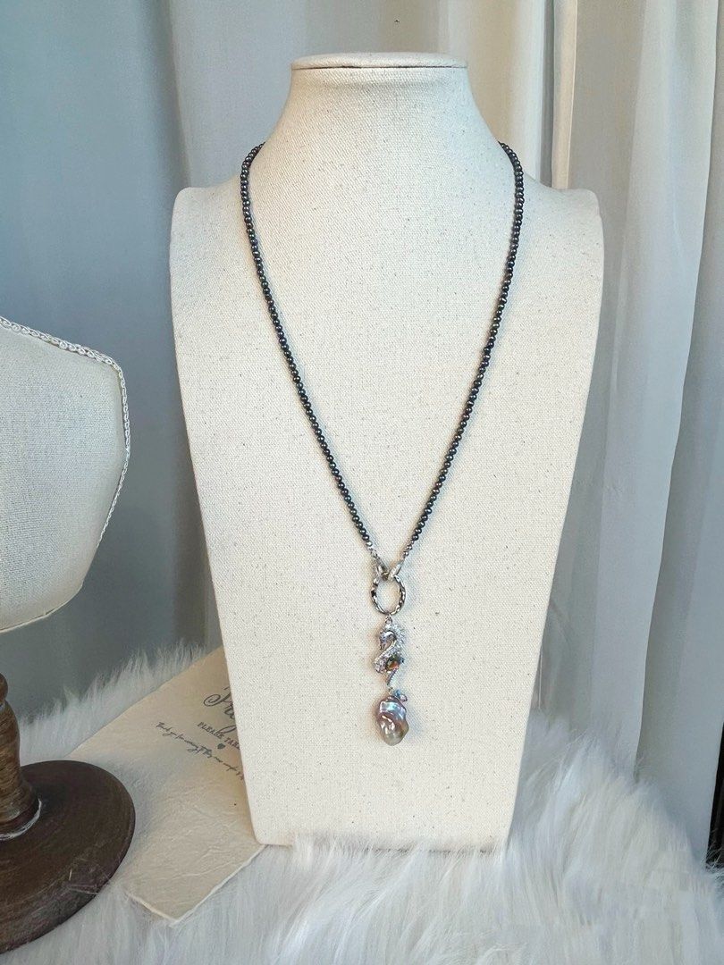 #PN370 Deep Sea|Freshwater Pearl Necklace |Seahorse Pendant |Purple-golden Big Baroque |Baby Dark Pearl |Rare|Gothic Style |Electro-coated Colour