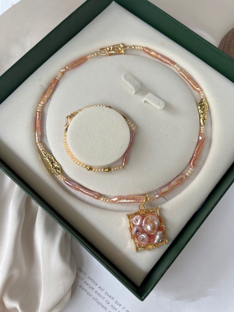 #PN04 Lustrous Lute|Freshwater Pearl Necklace & Bracelet Set |Supreme Pink-purple Lustre|Removable Frame Pendant |Baby Pearl