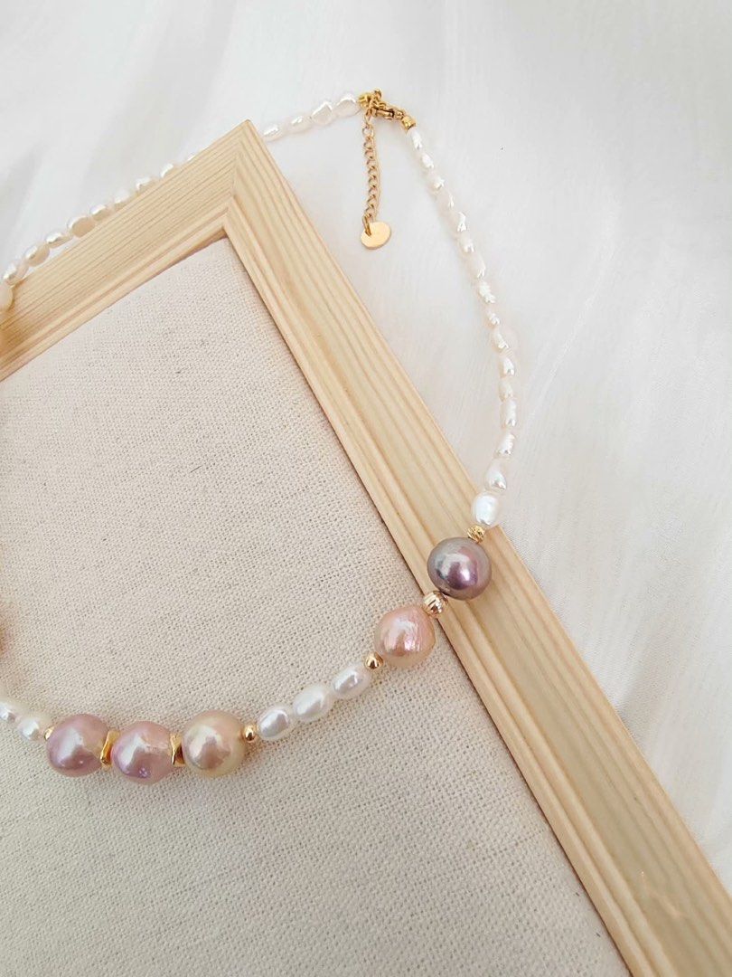 #PN381 [Clearance Sale] Golden Stage| Freshwater Pearl Necklace | Peach, Purple Baroque Pearl | Baby Baroque Pearl | Excellent Lustre
