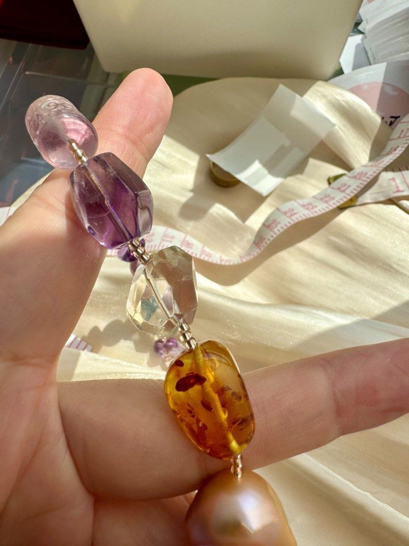 #PN300 Multi-Gems| Freshwater Pearl Necklace | Big Baroque Pearl | Amber Freeform | Fluorite Barrel | Amethyst, Citrine Freeform | Clear Quartz | Fire Quartz