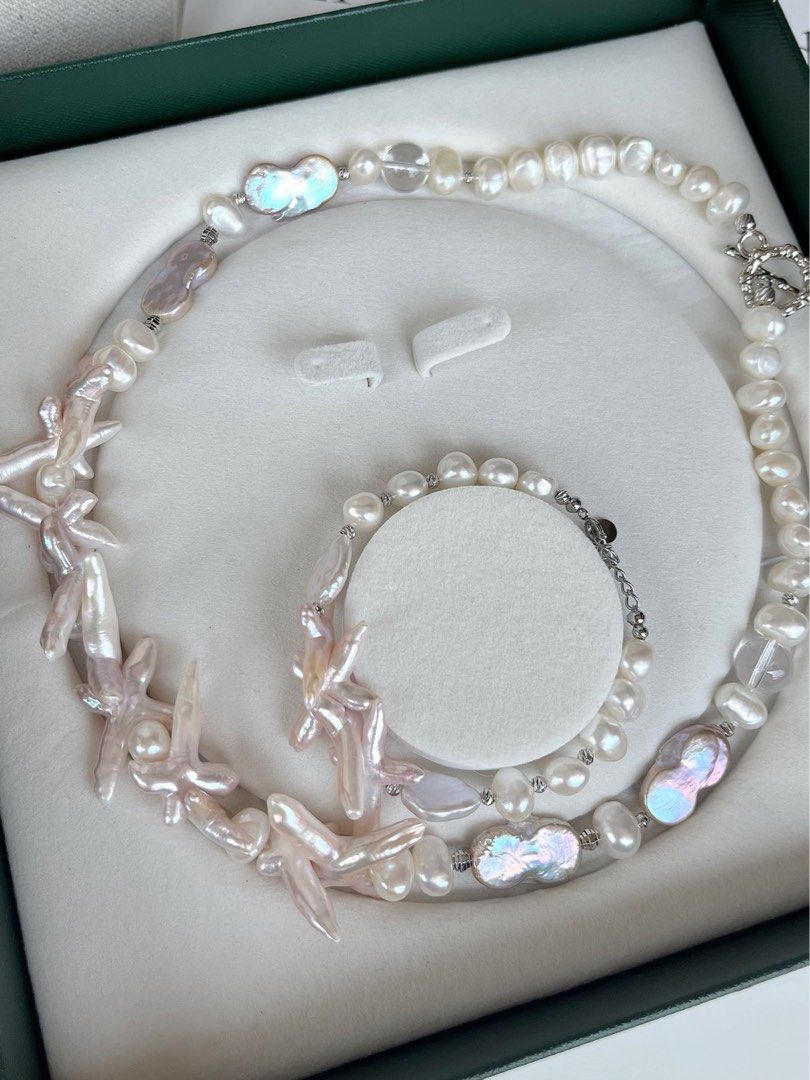 #PN68 Cross Flower | Freshwater Pearl Necklace & Bracelet Set | Bit Pinkish Cross Pearl | Lustrous Baroque Pearl | White Quartz