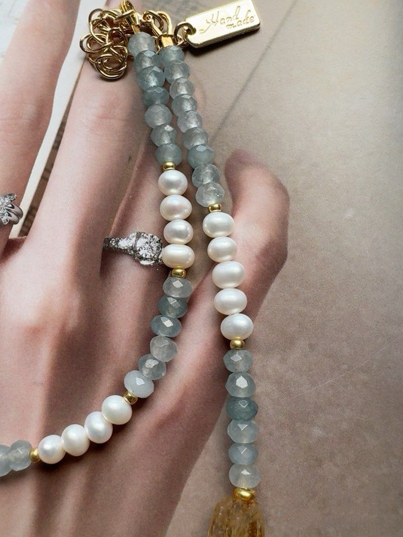#PN413 Grey Sky|Freshwater Pearl Necklace |Small Waterdrop Pearl|Rose Quartz | Amazonite |Citrine |Grey-blue Aquamarine