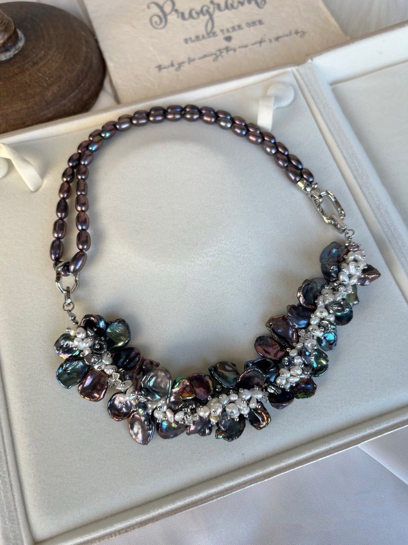 #PN362 [Floral Series] Night Queen|Freshwater Pearl Necklace |Heavy Made|Colorful Black|Deep Metallic Pearl |Lustrous Petal |White Baby Pearl |Rice Pearl |Multi Wear|Gothic Style