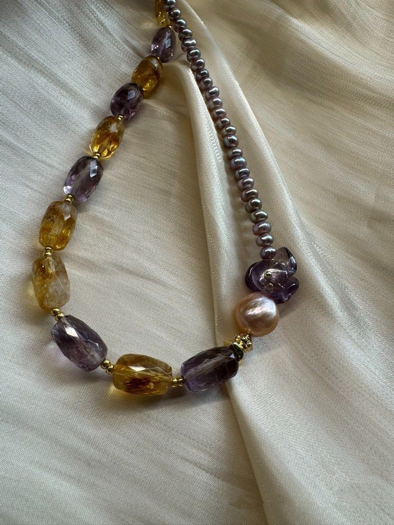 #PN441 [Floral Series] Purple Heart|Freshwater Pearl Necklace |Purple & Yellow Quartz |Baby Baroque Pearl |Lustrous