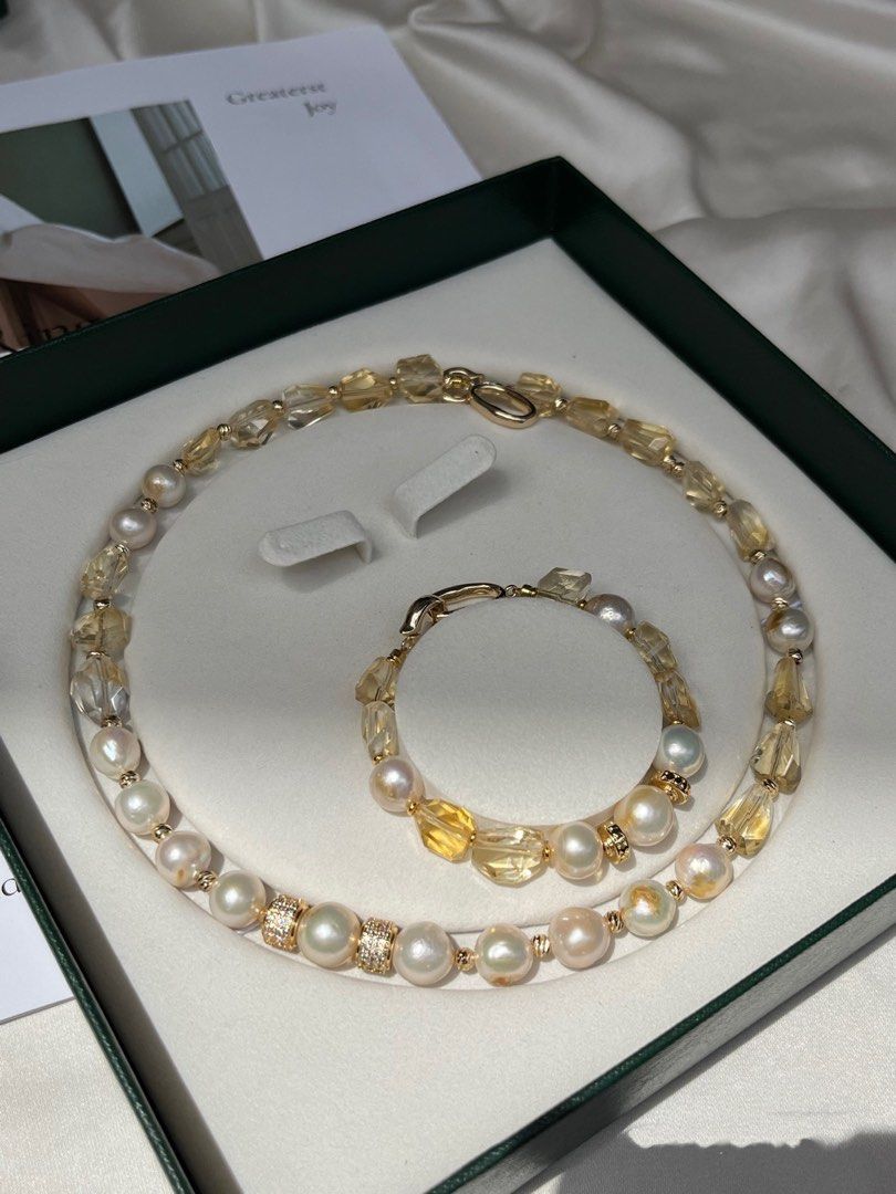 #PN187 Gilt Freshwater Baroque Pearl & Yellow Quartz Necklace & Bracelet Set |Wrinkled Baroque Pearl