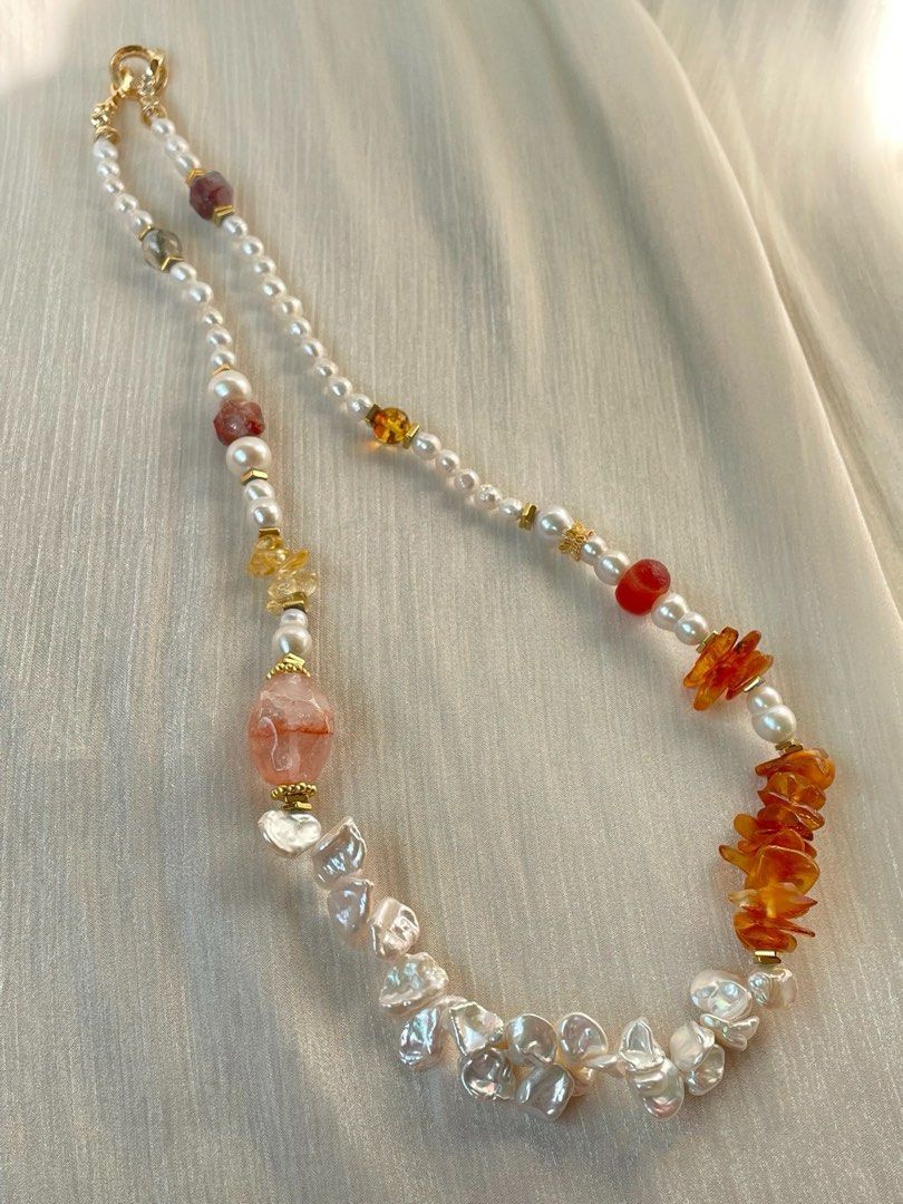 #PN303 Nature’s Elegance |Freshwater Pearl Necklace |Beeswax Petal|Big Fire Quartz Barrel |Petal Baroque Pearl |Green Phantom | Citrine Debris
