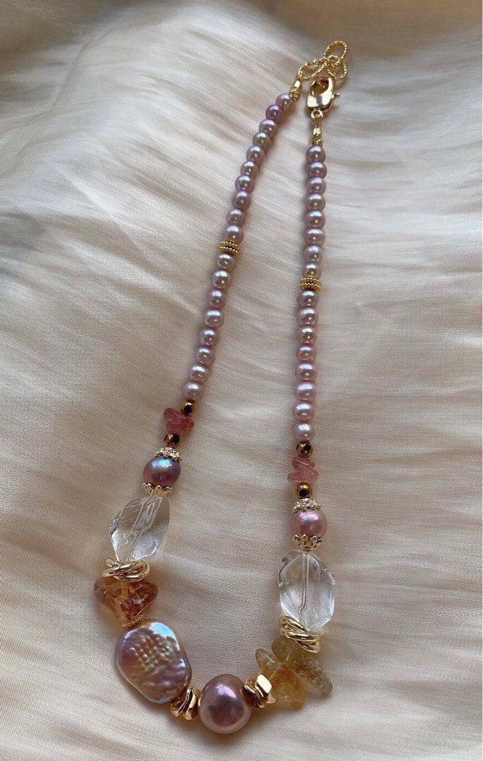 #PN396 [Sale]Freshwater Baroque Pearl Necklace |Bold Design|Big White Quartz |Big Edison Pearl |Strawberry & Yellow Quartz |Purple