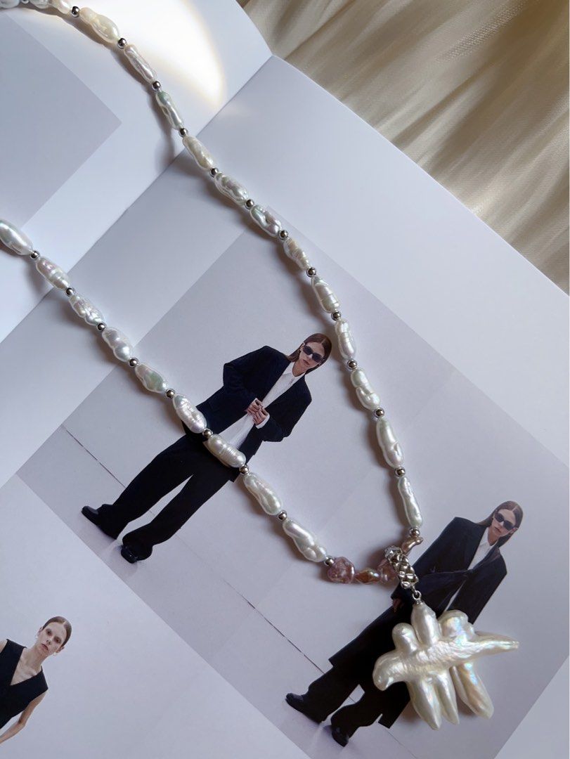 #PN385 [Sale]Handmade Original Design Freshwater Pearl Necklace |”Stick” Baroque Pearl |Natural Joining Cross Pearl Pendant Removable