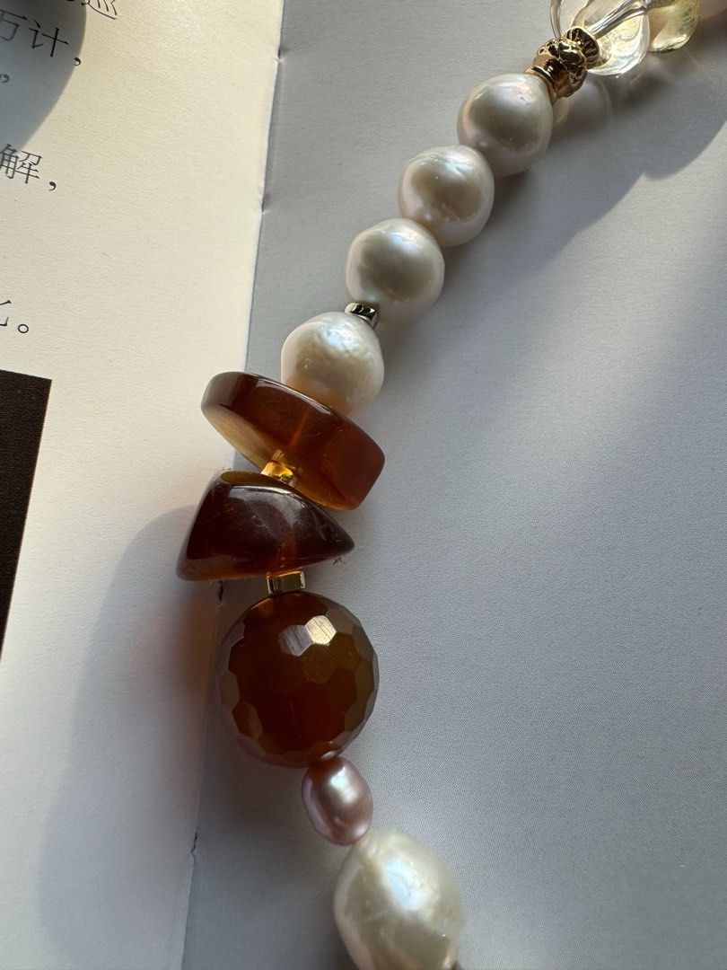 #PN423 Summer Break|Freshwater Pearl Necklace |Baroque Pearl|Amber|Strawberry Quartz |Beeswax|Yellow Quartz