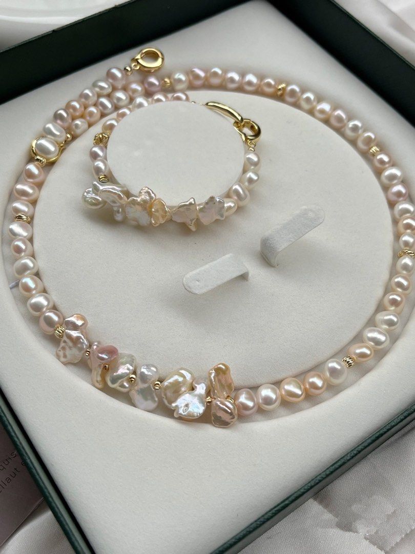 #PN186 [Floral Series] Morandi Colour High Quality Freshwater Baroque Pearl Petal Necklace & Bracelet Set|Genuine Conjoined Pearls