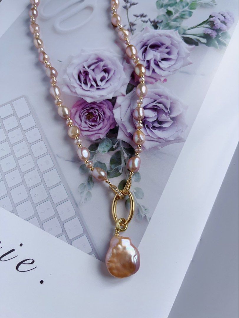 #PN380 [Clearance Sale] Purple Stones| Freshwater Pearl Necklace |Removable Pendant |Wear Multi Way|Removable Connector Ring|Gorgeous Lustre|Baroque Pearl |Big Pendant