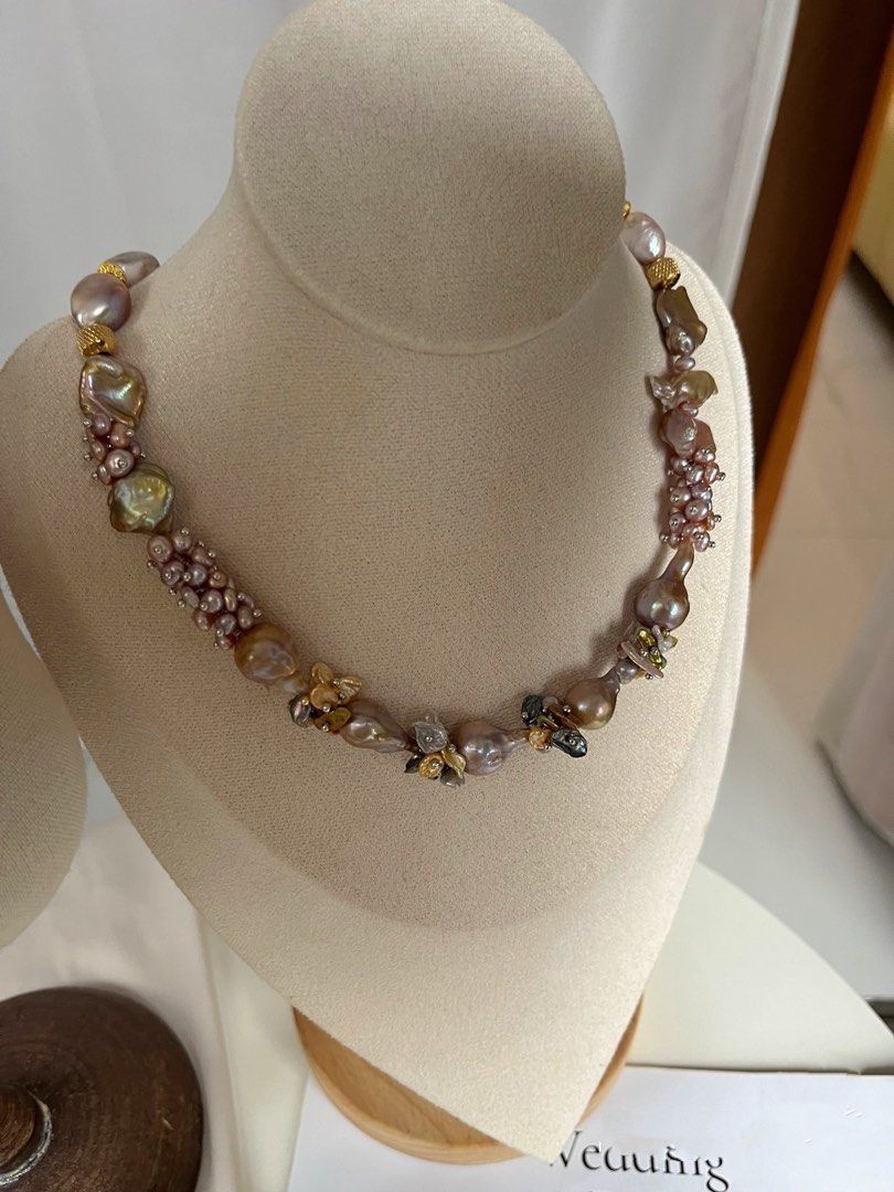 #PN365 [Floral Series] Gilding Purple|Freshwater Pearl Necklace |Dark Golden Lustre|Big Lute Petal Pearl |Rare Colour |Colourful Petals|Big Golden Baroque Pearl