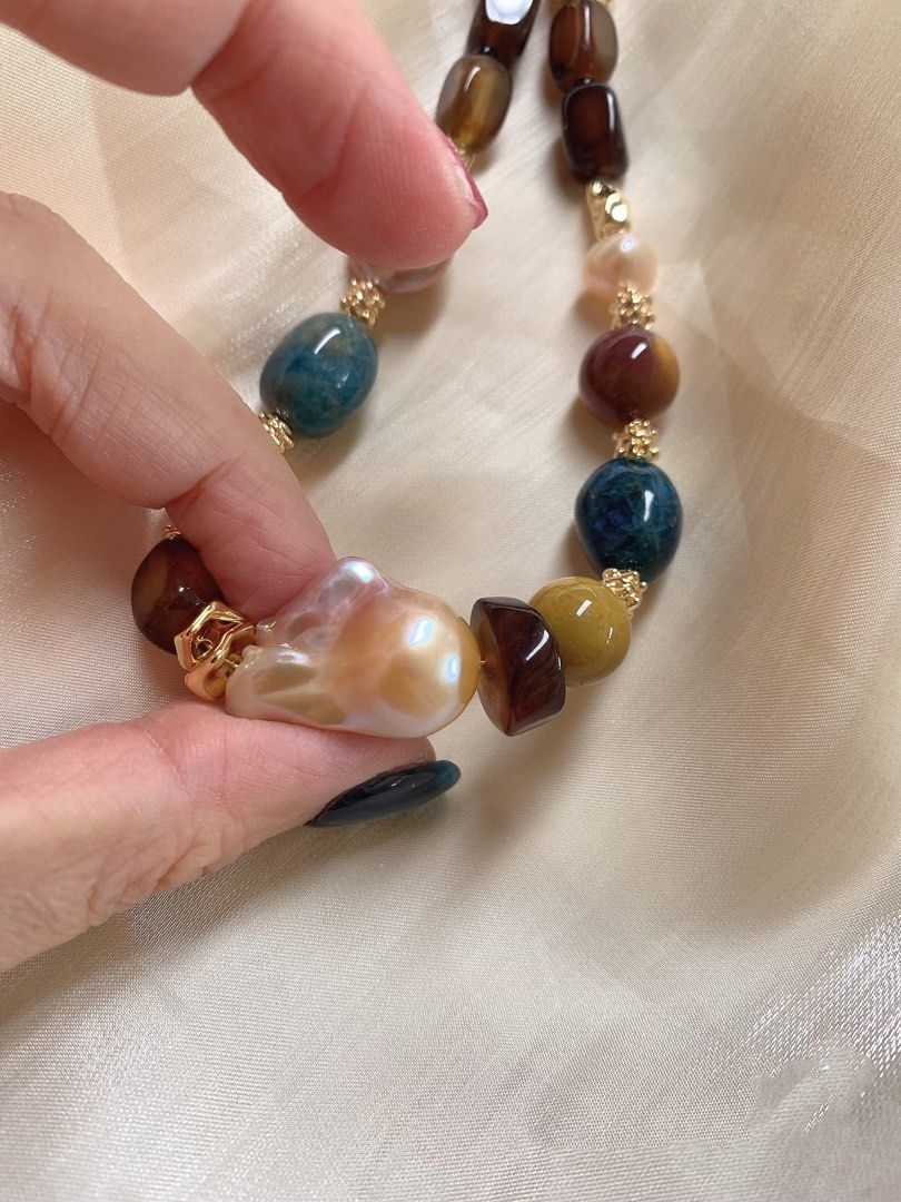 #PN390 [Sale]Handmade Original Design |Freshwater Pearl Necklace |Brown Agate|Natural Stones|Big Baroque Pearl |Button Pearl