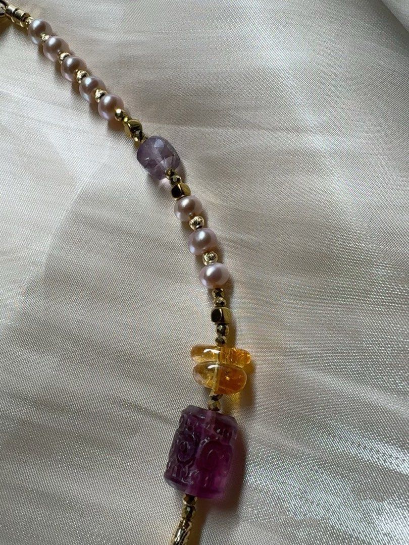 #PN437 Purple Dream|Freshwater Pearl Necklace |Fluorite|Purple Quartz |Wrinkled Baroque Pearl |Natural Flaws|Yellow, White Quartz