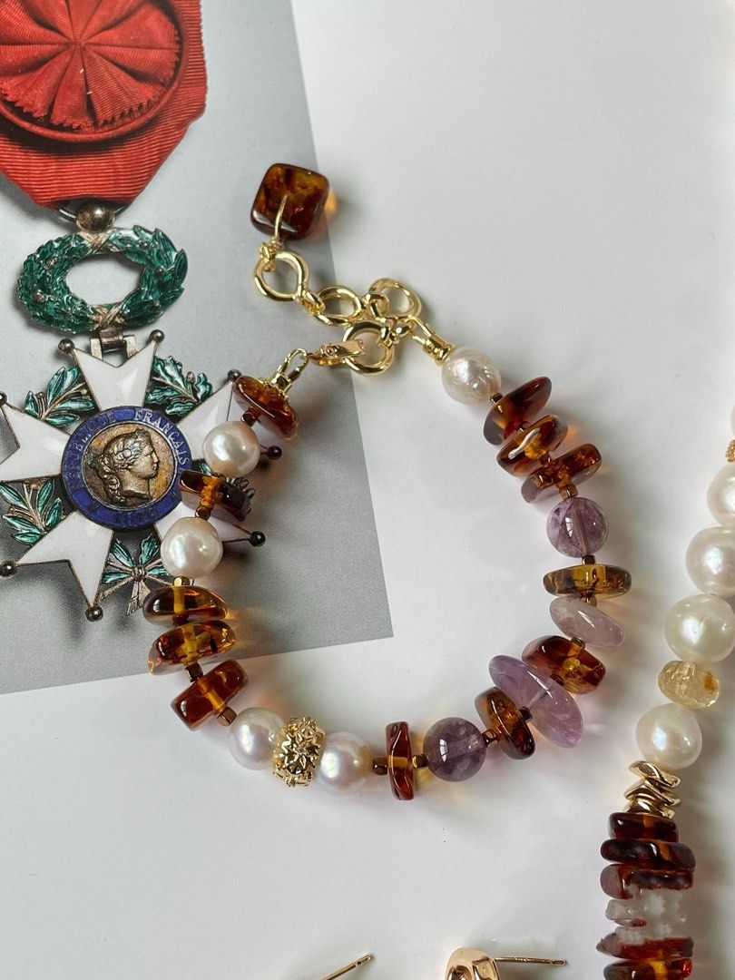 #PN355 Luxe Layers|Freshwater Pearl Necklace & Bracelet & Earrings Set |Baroque Pearl |Amber Chip|Amethyst|Big Citrine