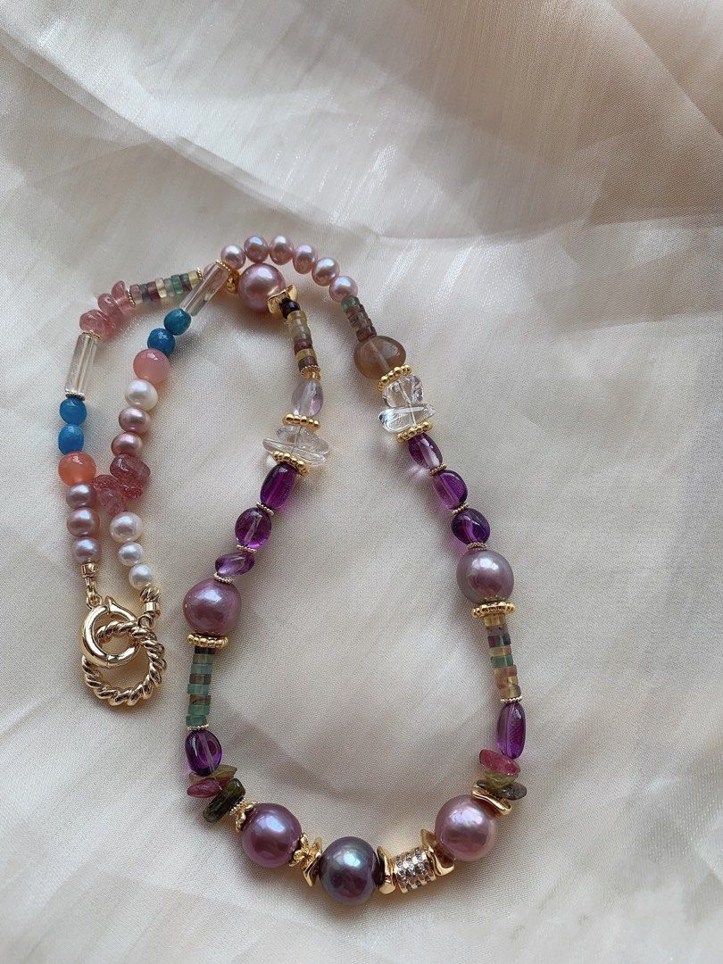#PN389 [Sale]Freshwater Baroque Pearl & Natural Quartz Necklace |Big Edison Pearl |Crimson Agate|White & Strawberry & Purple Quartz |Amazonite|Fluorite