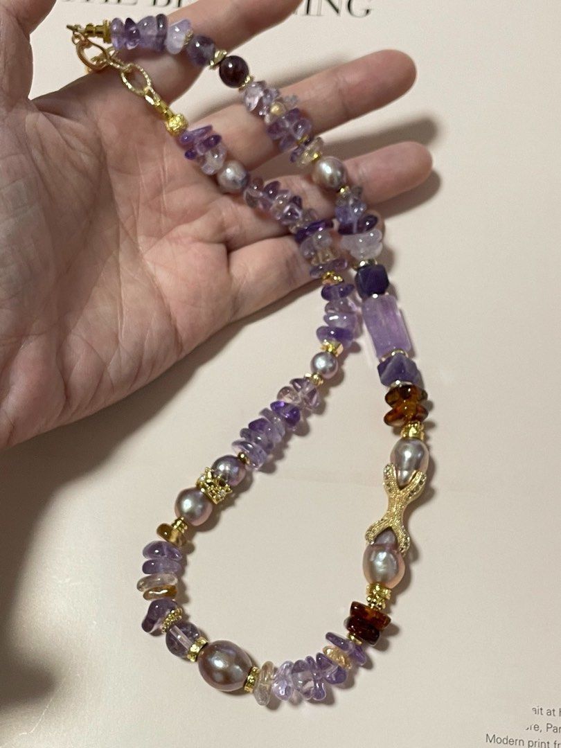 #PN304 Pearl & Stone Serenity | Freshwater Pearl Necklace | Amethyst Stack, Barrel | Amber Stack | Edison Pearl