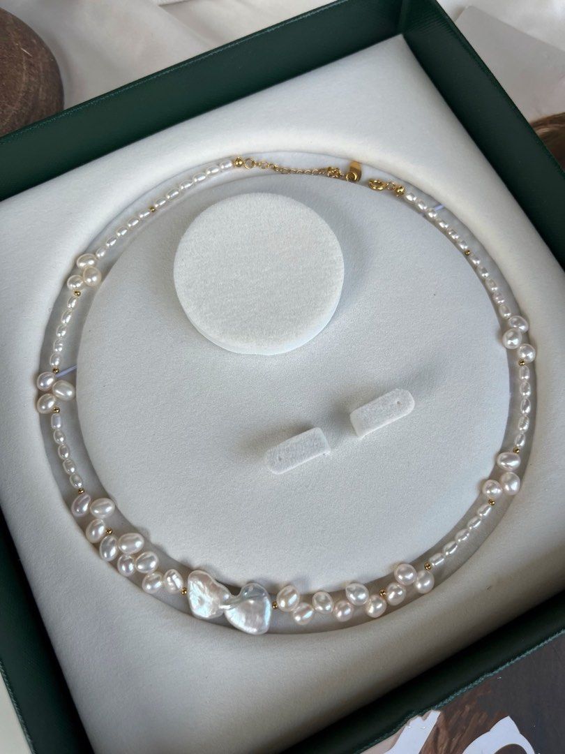 #PN368 Connected Heart|Freshwater Pearl Necklace |Bow Shaped Baroque Pearl |Wheat Ear Design