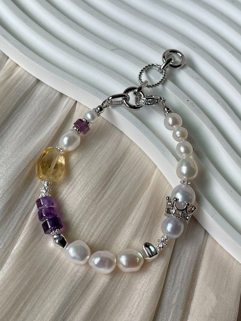 #PN61 Bespoke Beauty|Freshwater Pearl Necklace & Bracelet Set |13.2mm Big Edison Pearl|”stone” Baroque |Citrine Freeform|Amethyst Freeform|Removable Pendant