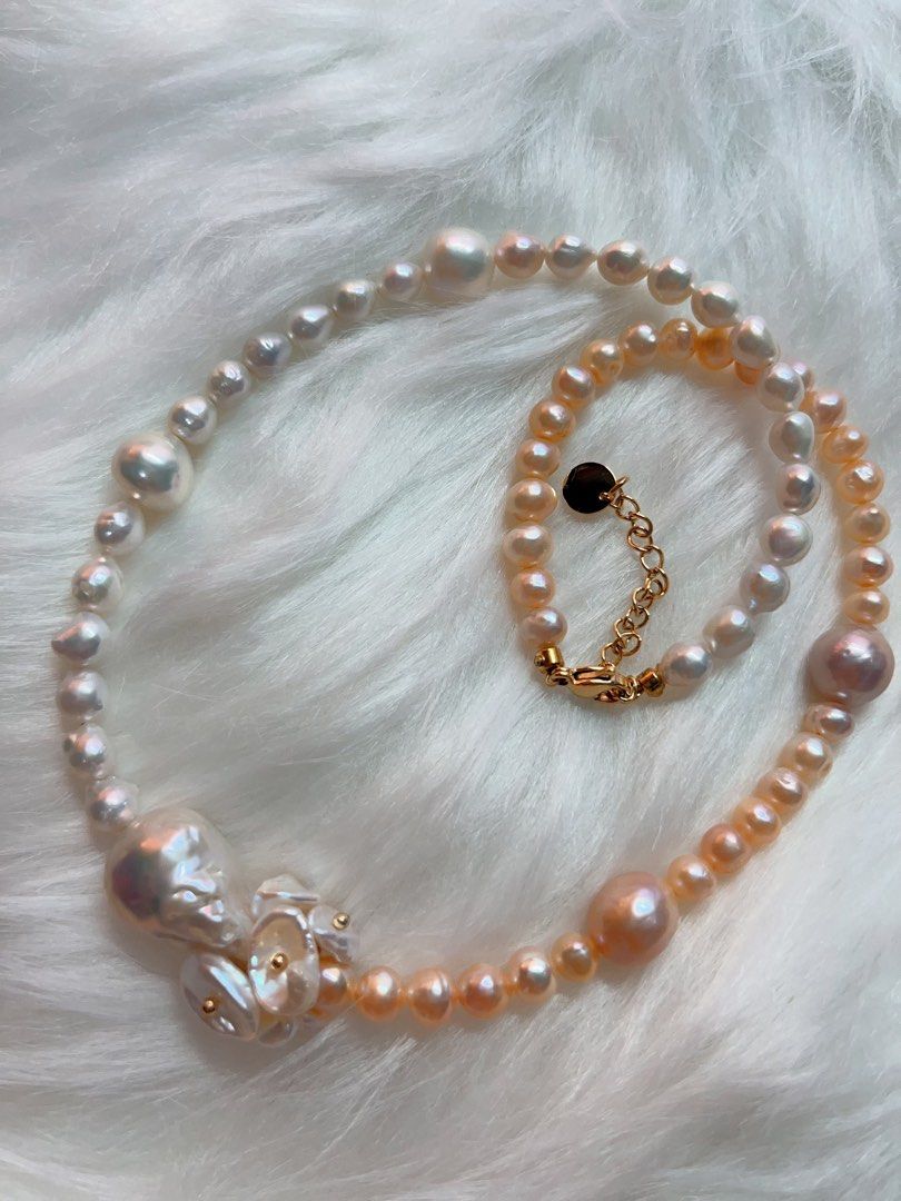 #PN283 [Floral Series] Harmony of Colours | Freshwater Pearl Necklace | Petal Pearl | Big Baroque Pearl | Excellent Lustre | Natural Flaws | Champagne Pink, White