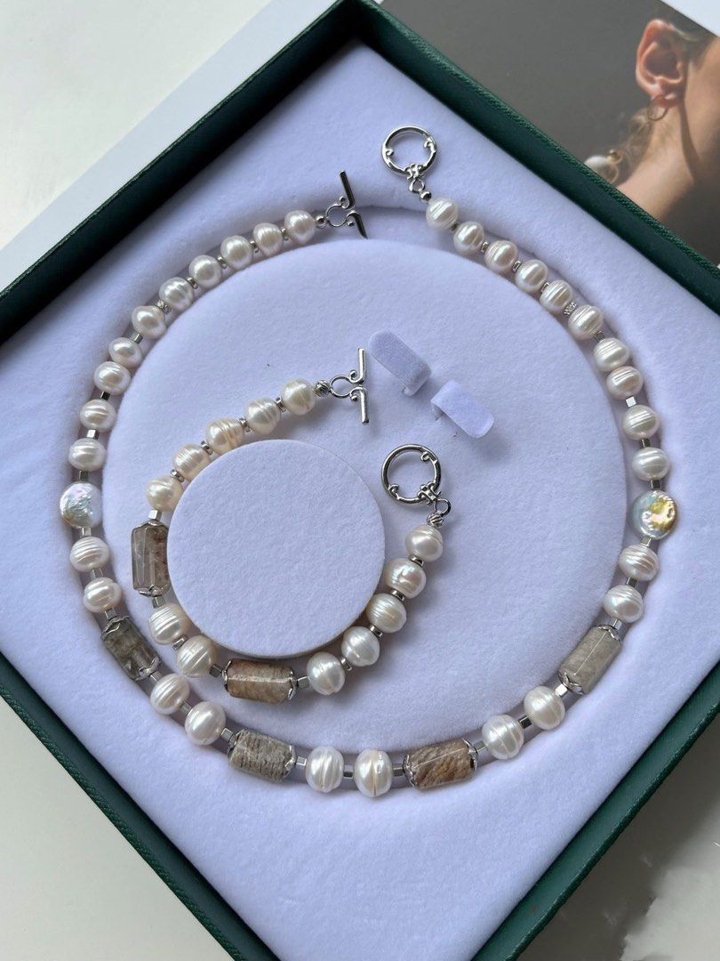 #PN234 Unisex| Freshwater Pearl Necklace & Bracelet Set |UFO Shaped Pearl |Grey Agate|Natural Growth Lines