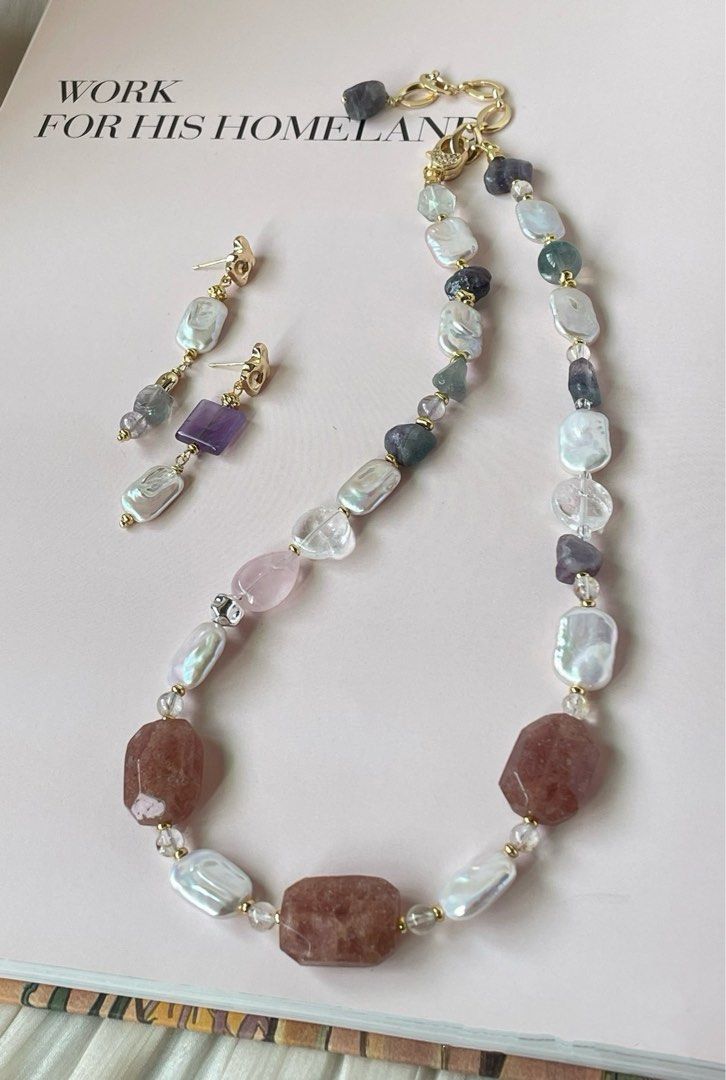 #PN52 Red Tenderness | Freshwater Pearl Necklace & Earrings Set | Strawberry Quartz Rectangle | Pearl Square |Fluorite Freeform