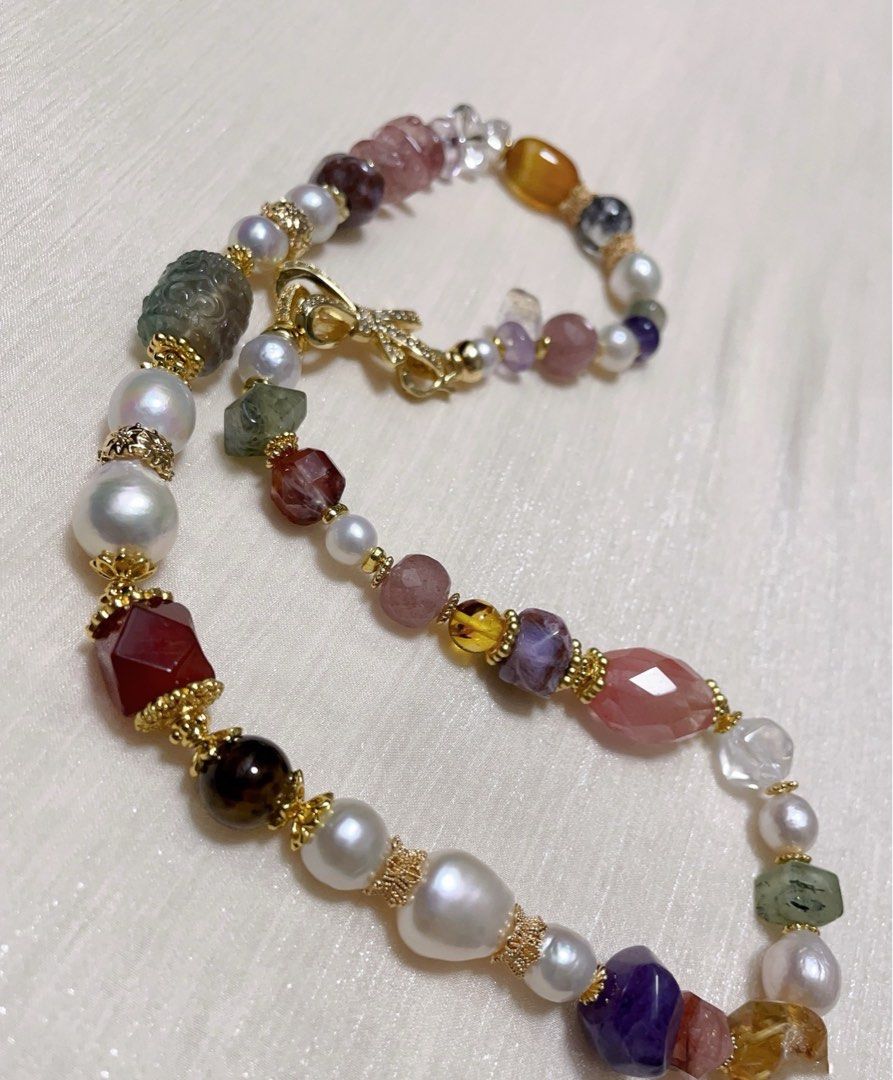 #PN22 Graceful Gems| Freshwater Pearl Necklace | Carved Fluorite Barrel | Faceted Garnet| Amethyst Freeform | Fire Quartz Faceted | Strawberry Quartz Chip| Agate| Baroque Pearl
