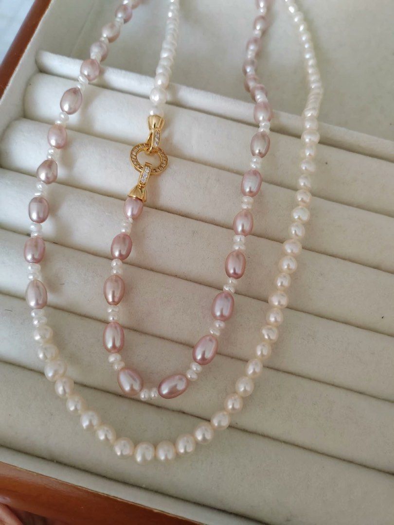 #PN291 Sea Breeze | Freshwater Pearl Necklace | Long Sweater Necklace | Lustrous Purple Rice Pearl | White Baroque Pearl | Zircon Clasp