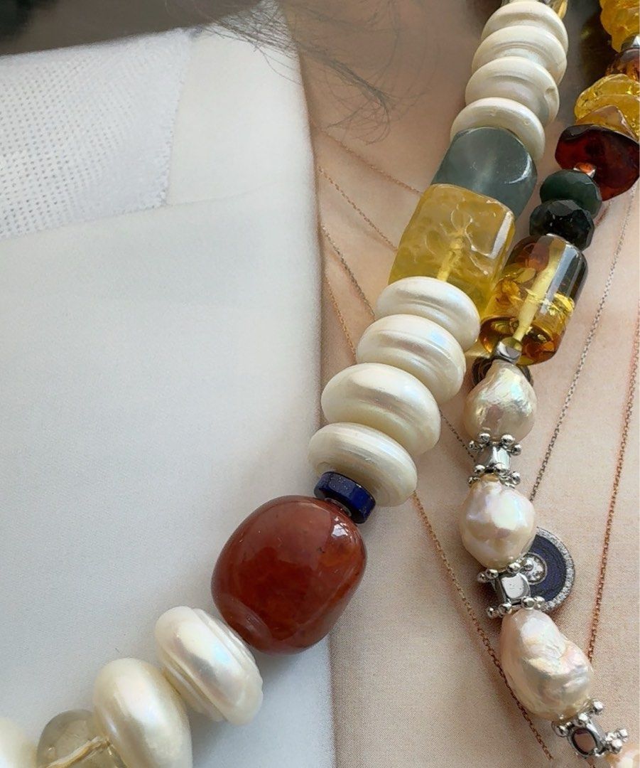 #PN412 Exotic Princess | Freshwater Pearl Necklace | Fluorite|Yellow Quartz | Big Coin Pearl| Purple Quartz | Nanhong Agate|Black Golden Super Seven Quartz |Beeswax