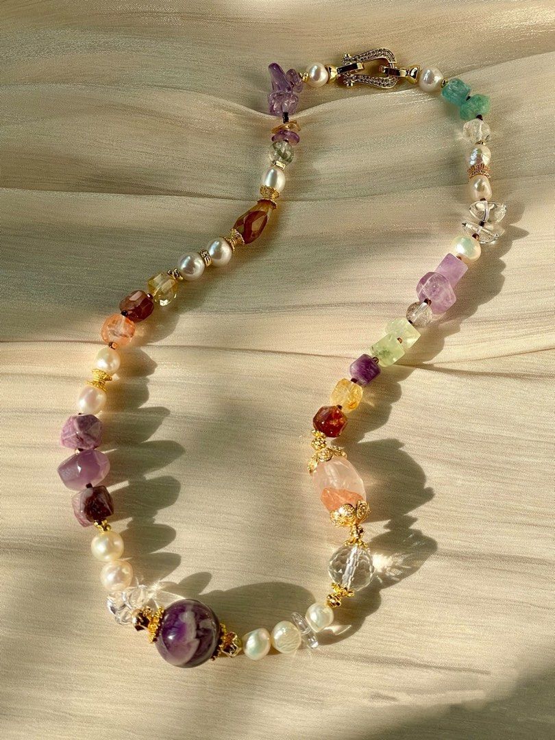 #PN60 Celestial Cascade | Freshwater Pearl Necklace | Stone Baroque Pearl | Big Chevron Amethyst | Amethyst Freeform| Prehnite| Citrine | Fire Quartz