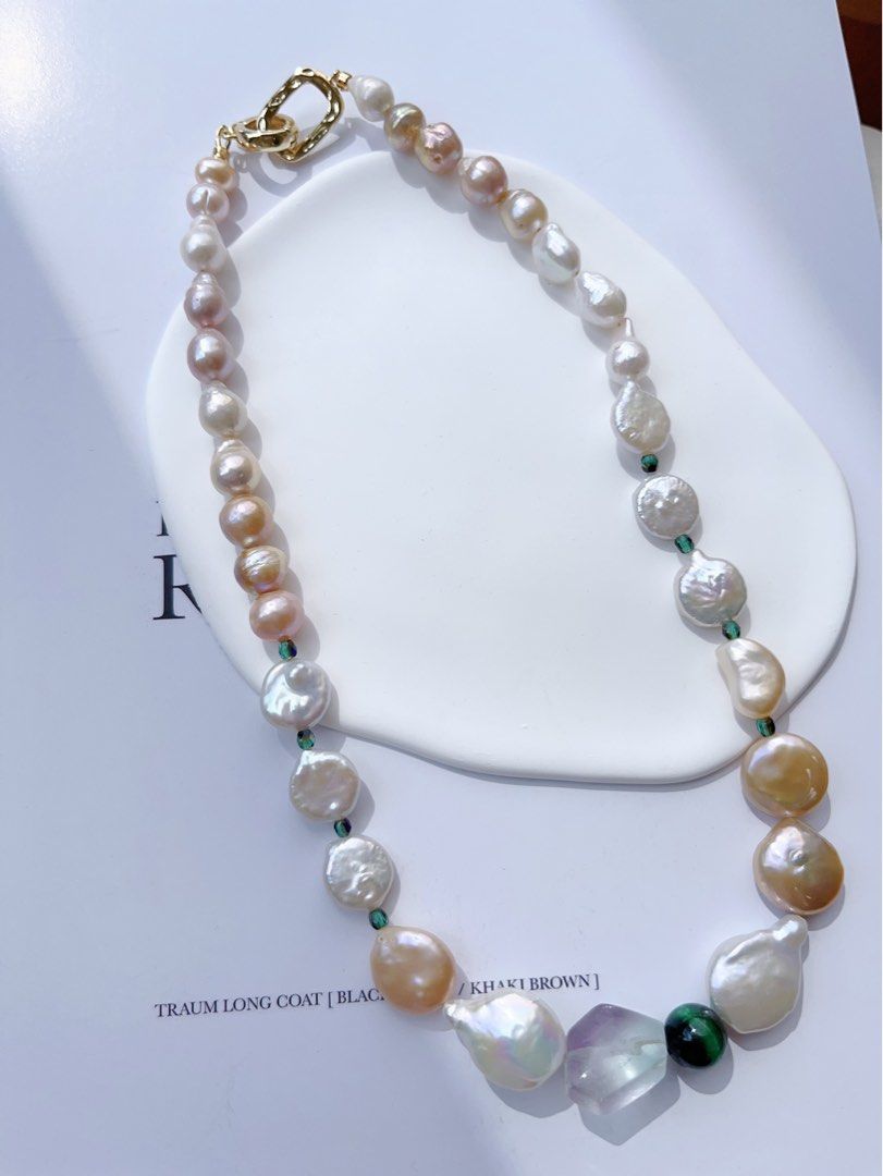 #PN399 [Sale]Autumn’s Forest |Freshwater Pearl Necklace |Fluorite|Malachite|Coin Pearl |Colourful|Wrinkled Baroque Pearl |Golden Lustre