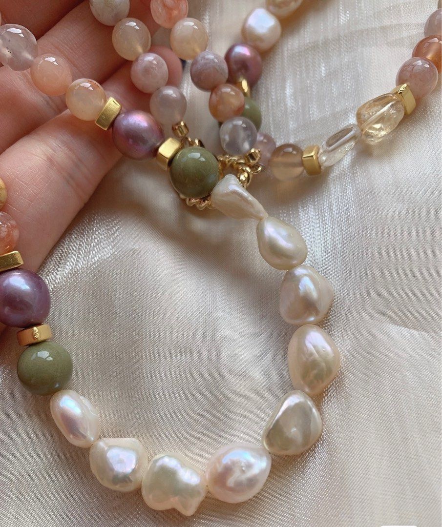 #PN219 Baroque Pearl & Natural Stone Necklace & Bracelet Set |Rose Quartz |Flower Agate|Citrine