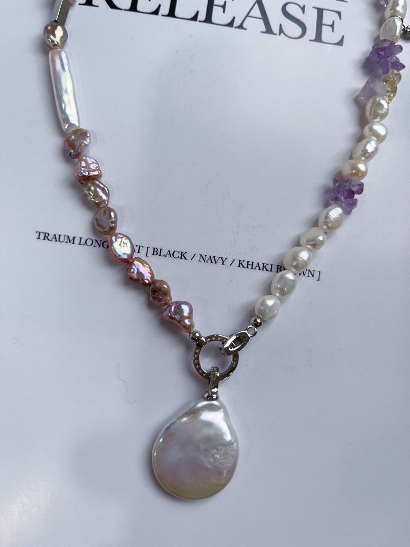 #PN407 [Sale]Handmade Original Design Freshwater Pearl Necklace |Double-sided|Big Waterdrop Baroque Pearl Removable Pendant|Cross|Purple Quartz |Dripping