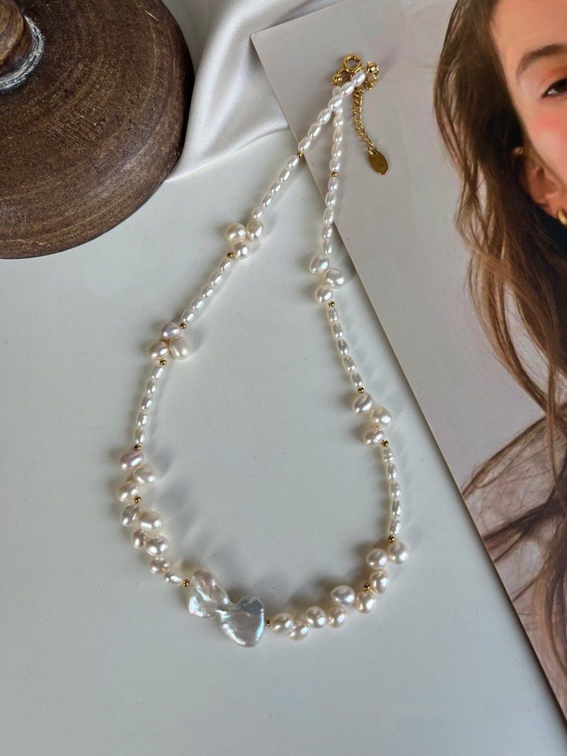 #PN368 Connected Heart|Freshwater Pearl Necklace |Bow Shaped Baroque Pearl |Wheat Ear Design