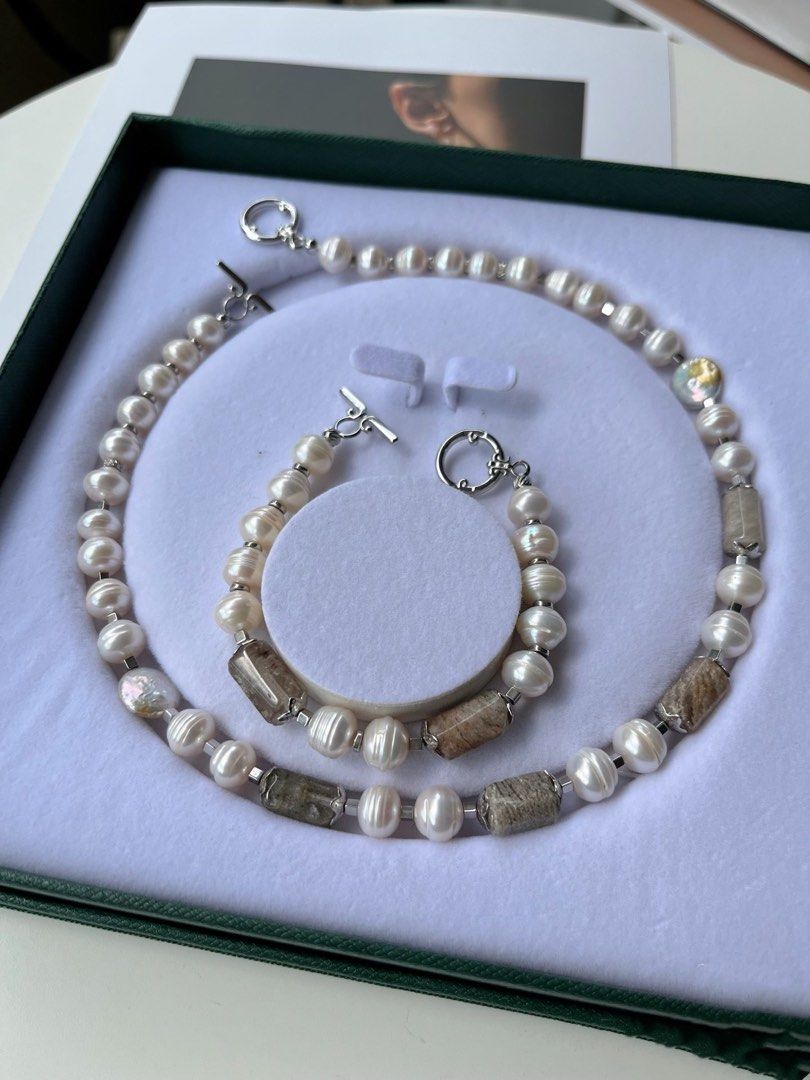 #PN234 Unisex| Freshwater Pearl Necklace & Bracelet Set |UFO Shaped Pearl |Grey Agate|Natural Growth Lines