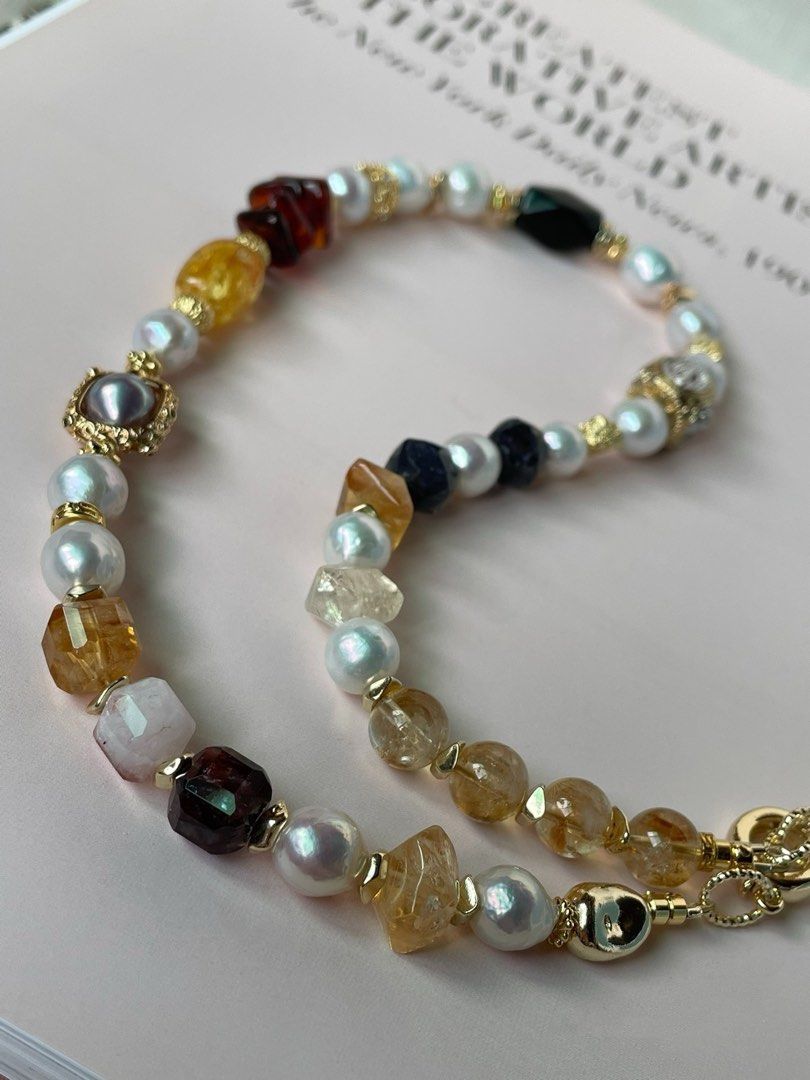 #PN357 Earthly Essence |Freshwater Pearl Necklace |Beeswax|Citrine Free Form|Amber |Iolite Faceted|Agate|Baroque Pearl