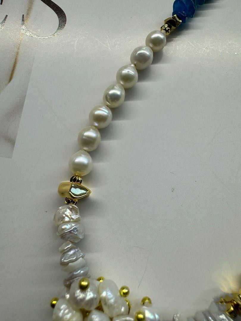 #PN439 [Floral Series] Blue Sky | Freshwater Pearl Necklace |Blue Apatite|Dangling Design|Petal Pearl |Irregular