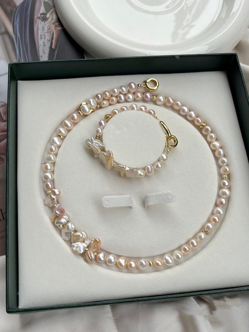 #PN186 [Floral Series] Morandi Colour High Quality Freshwater Baroque Pearl Petal Necklace & Bracelet Set|Genuine Conjoined Pearls