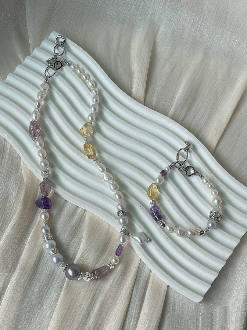#PN61 Bespoke Beauty|Freshwater Pearl Necklace & Bracelet Set |13.2mm Big Edison Pearl|”stone” Baroque |Citrine Freeform|Amethyst Freeform|Removable Pendant